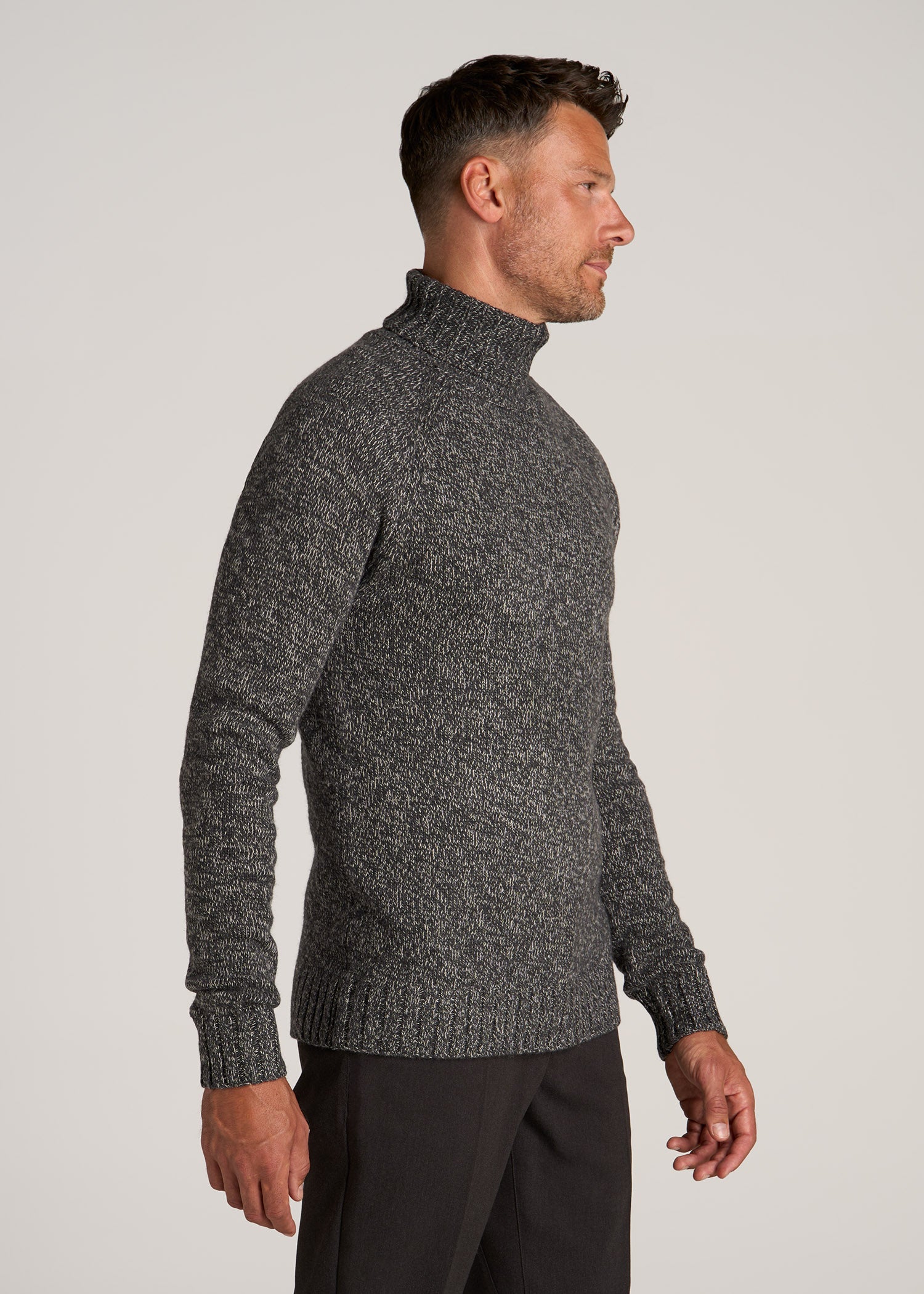 Wool Blend Marled Turtleneck for Tall Men in Charcoal Multi