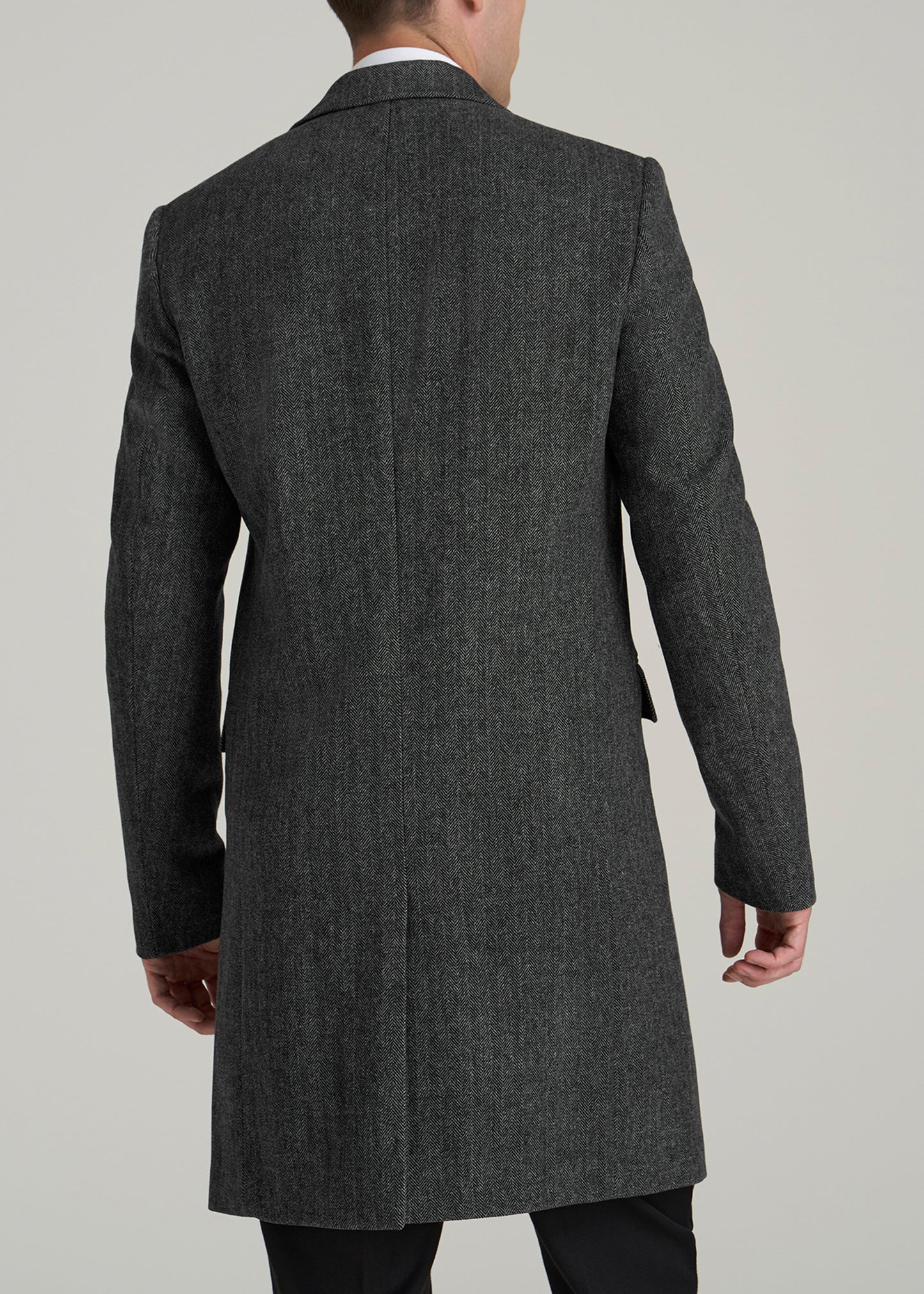 Wool Coat for Tall Men in Grey and Black Herringbone