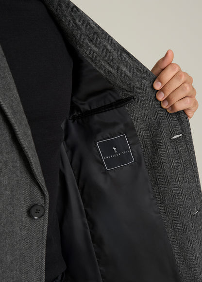 Wool Coat for Tall Men in Grey and Black Herringbone