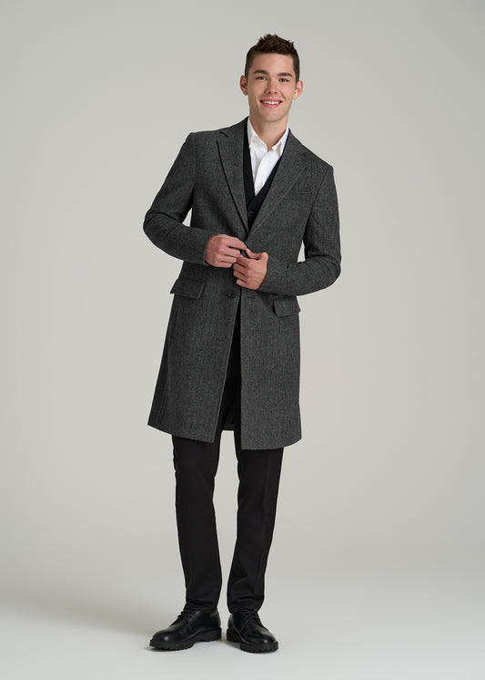 Wool Coat for Tall Men in Grey and Black Herringbone