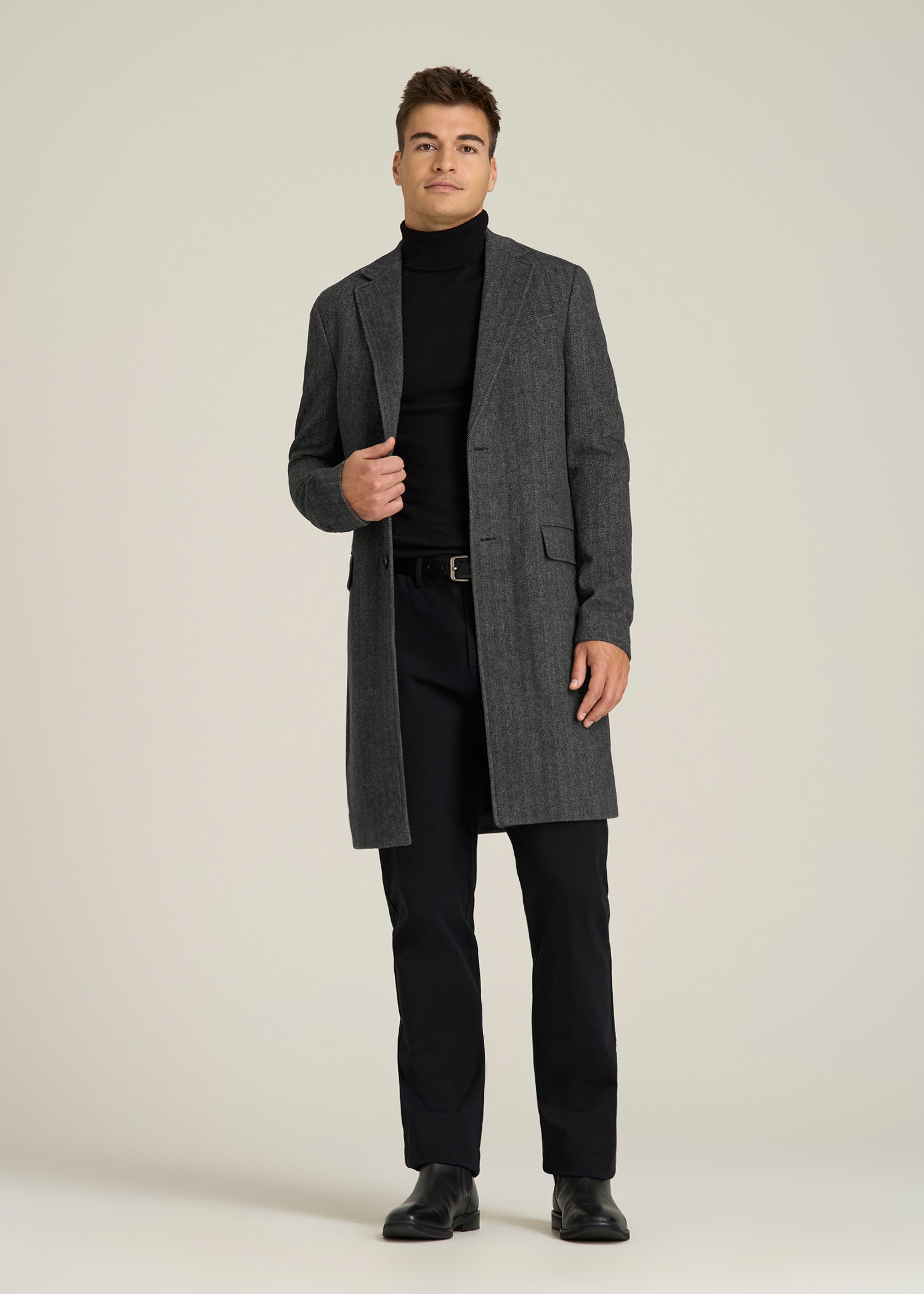 Wool Coat for Tall Men in Grey and Black Herringbone