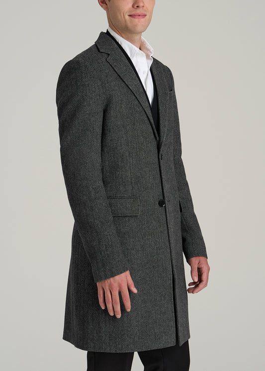 Wool Coat for Tall Men in Grey and Black Herringbone