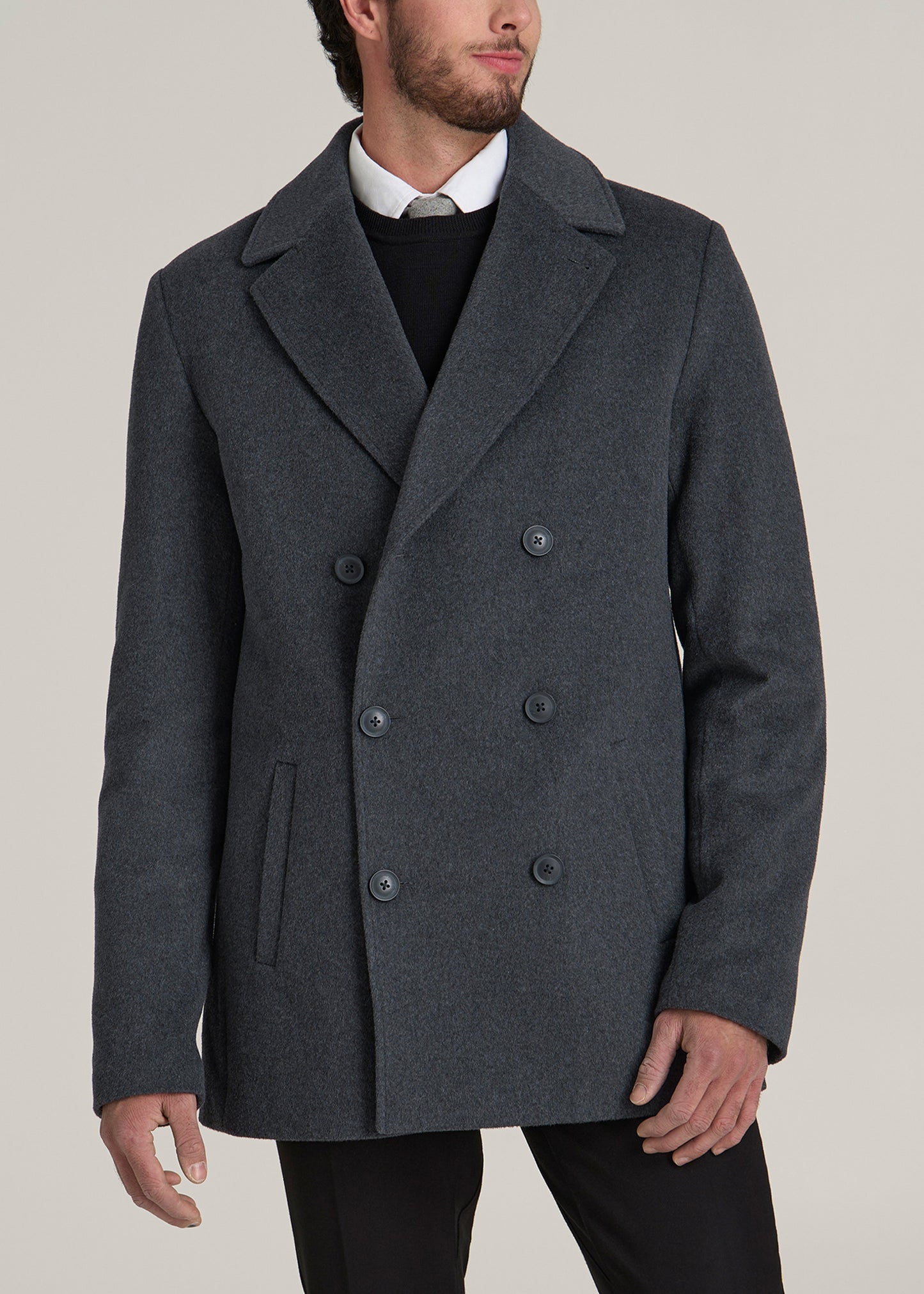 Double-Breasted Wool Peacoat for Tall Men in Dark Grey Mix