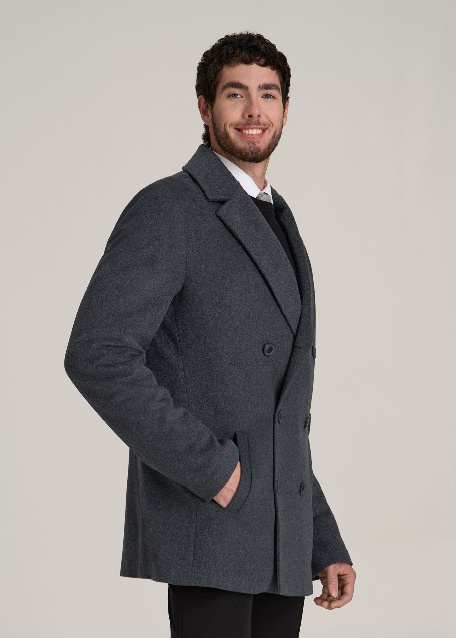 Double-Breasted Wool Peacoat for Tall Men in Dark Grey Mix