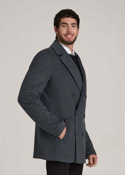 Double-Breasted Wool Peacoat for Tall Men in Dark Grey Mix