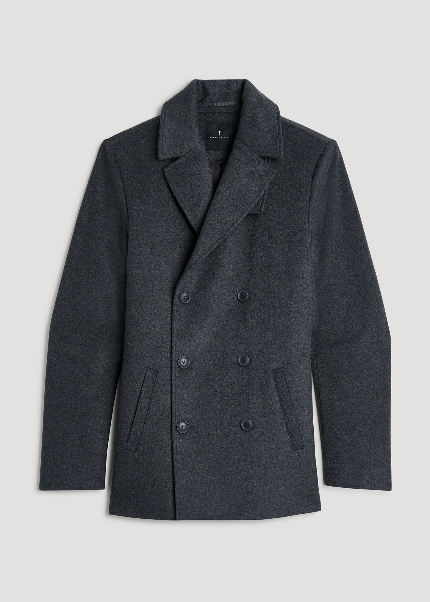 Double-Breasted Wool Peacoat for Tall Men in Dark Grey Mix