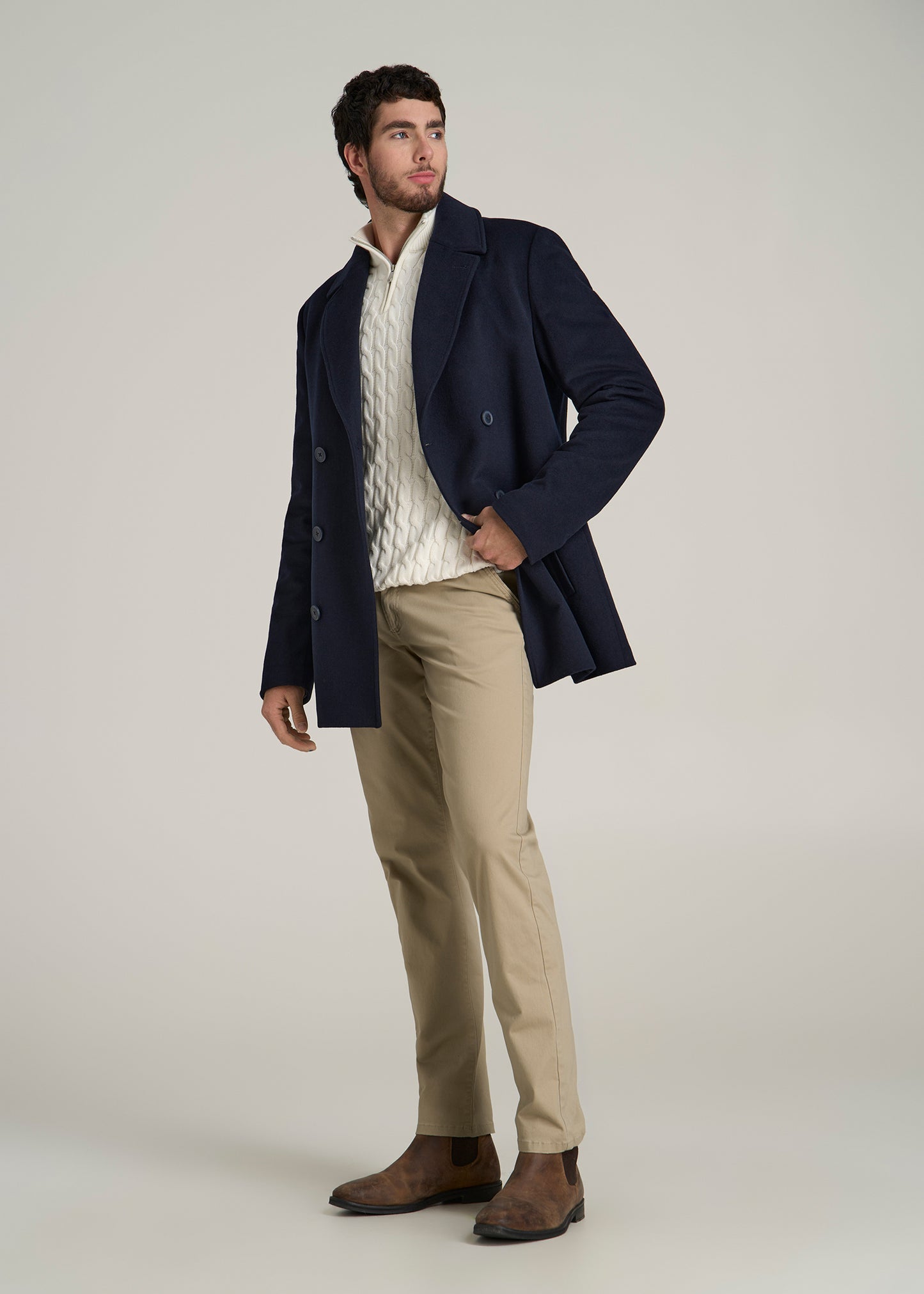 Double-Breasted Wool Peacoat for Tall Men in Deep Navy