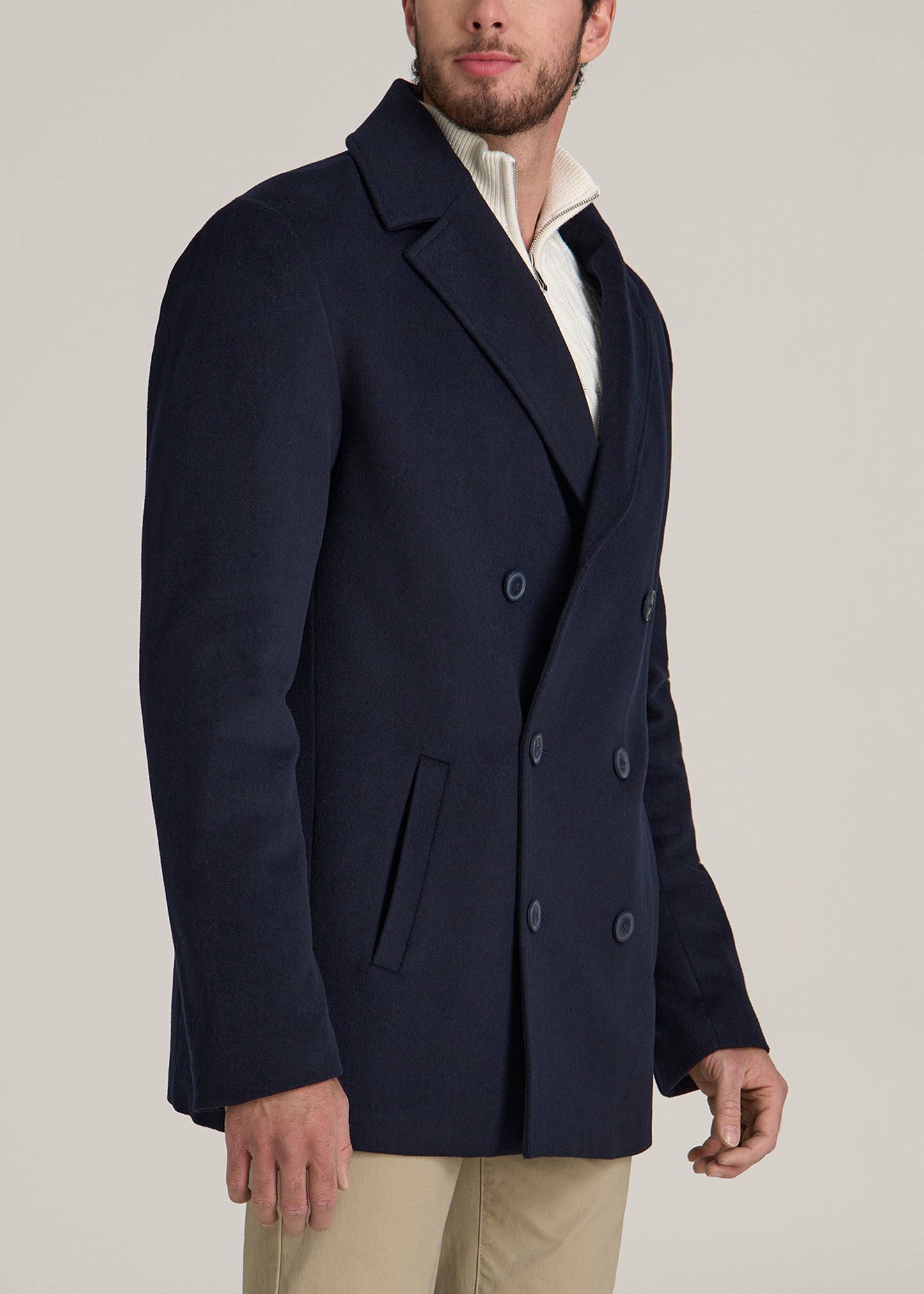 Double-Breasted Wool Peacoat for Tall Men in Deep Navy