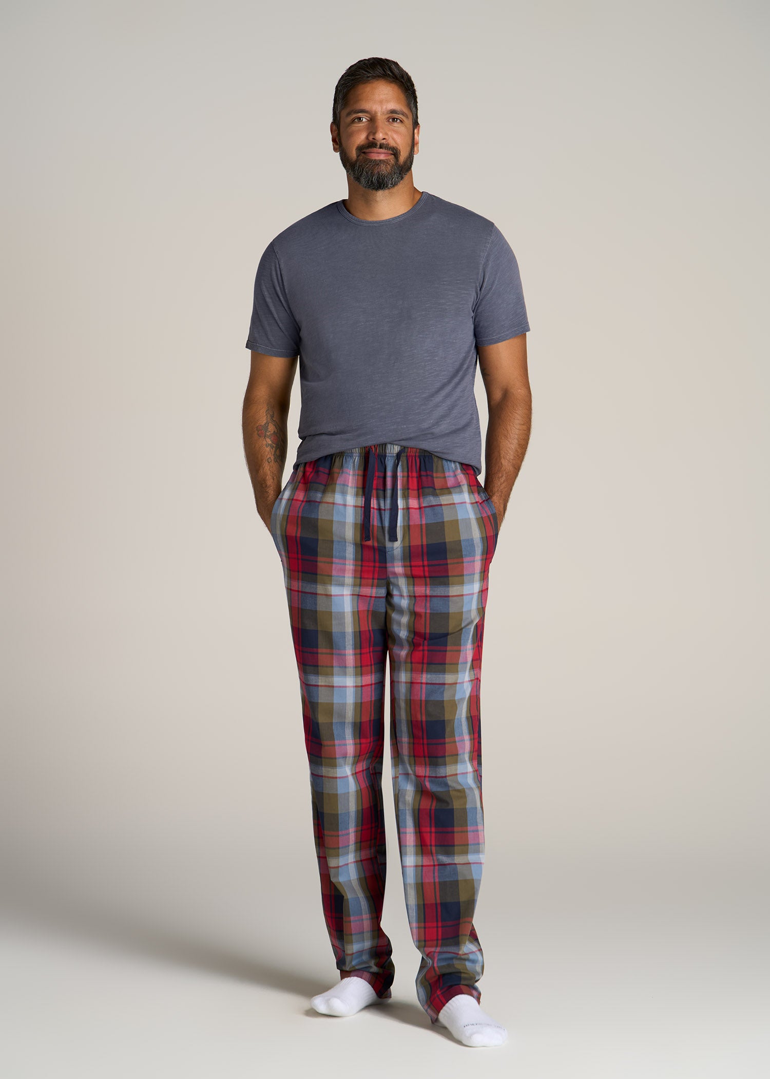 Woven Pajama Pants for Tall Men in Blue & Green Plaid