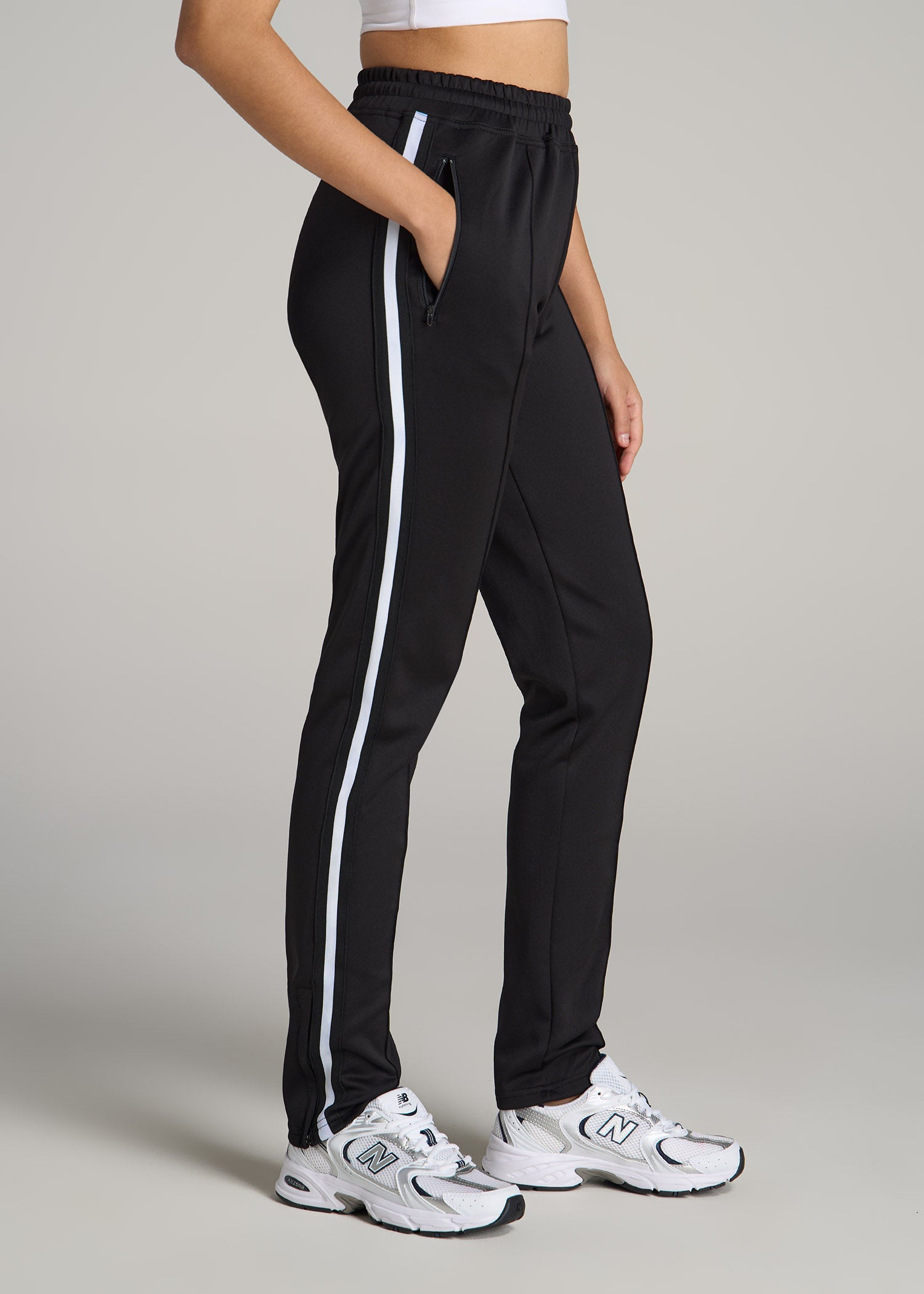 Women's Tall Track Pants: Tall Athletic Black White Stripe Pant