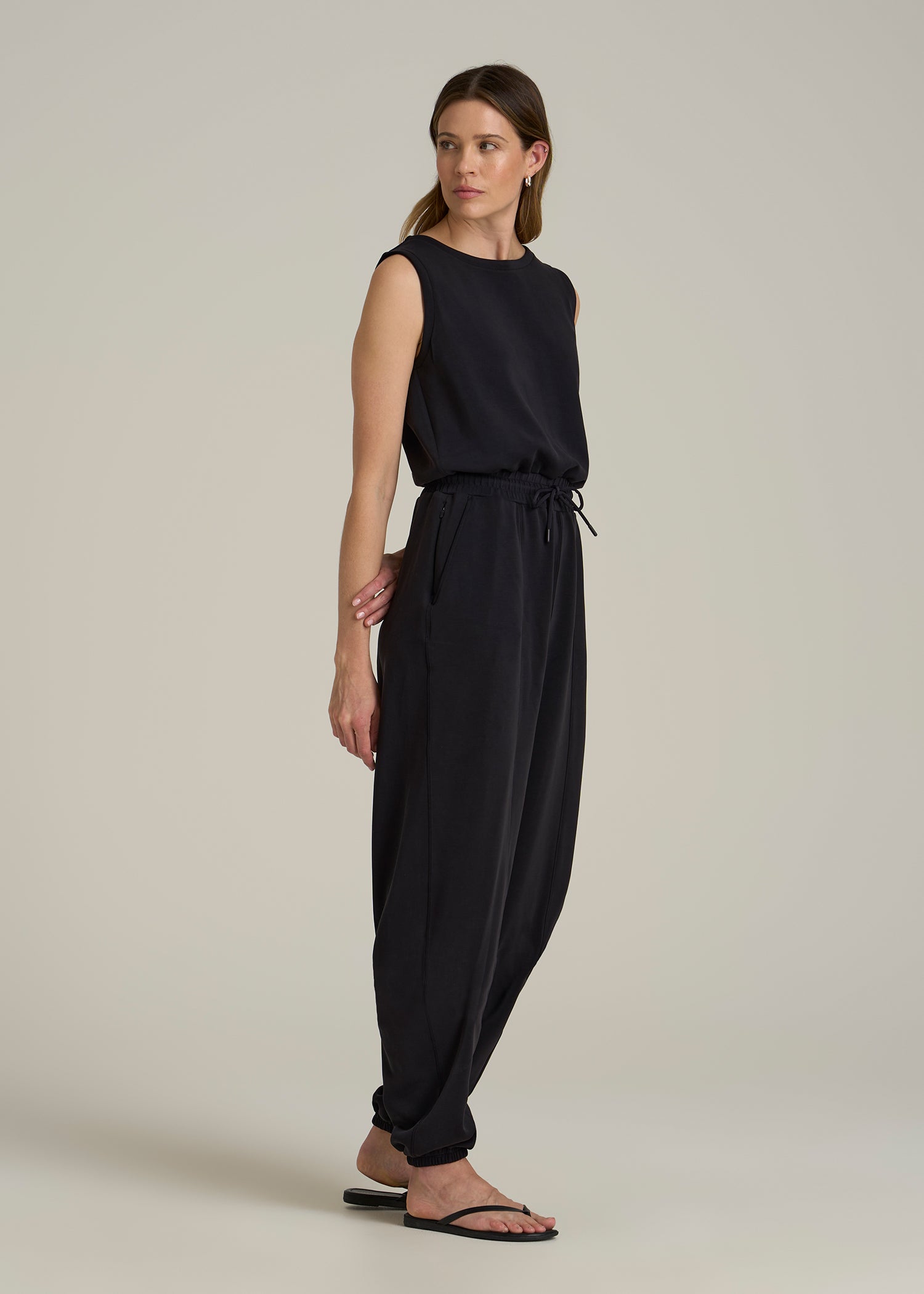 Soft Motion Sleeveless Sweatpant Jumpsuit for Tall Women in Black