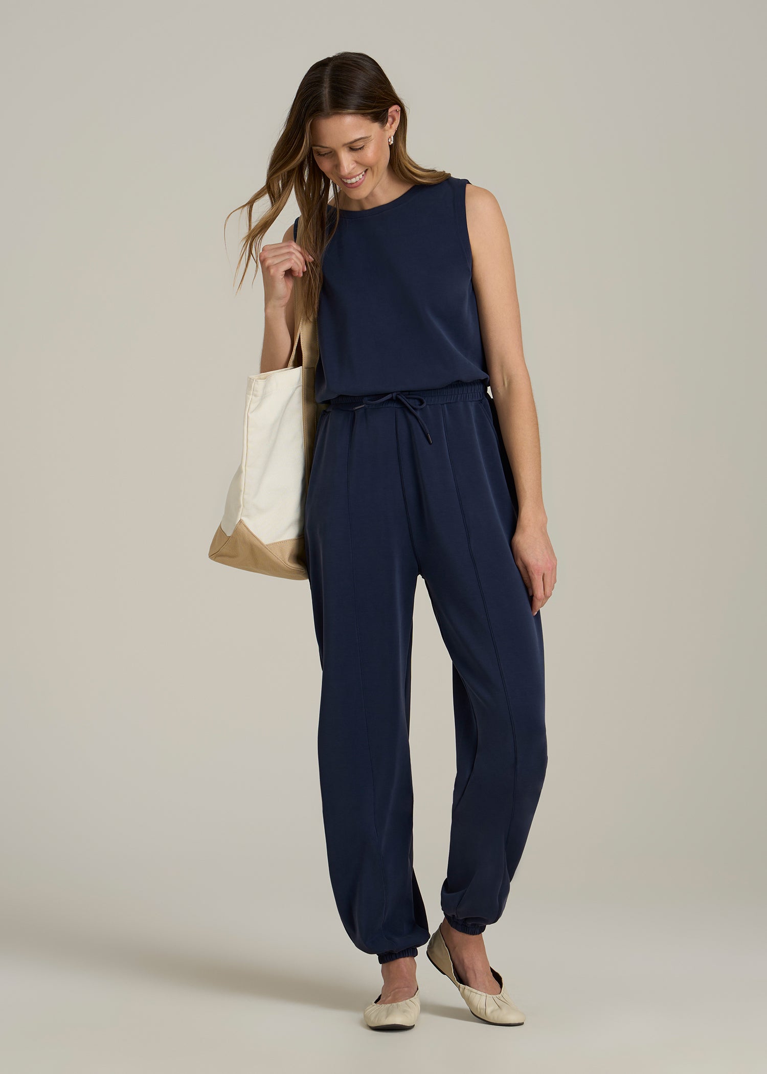 Soft Motion Sleeveless Sweatpant Jumpsuit for Tall Women in Navy