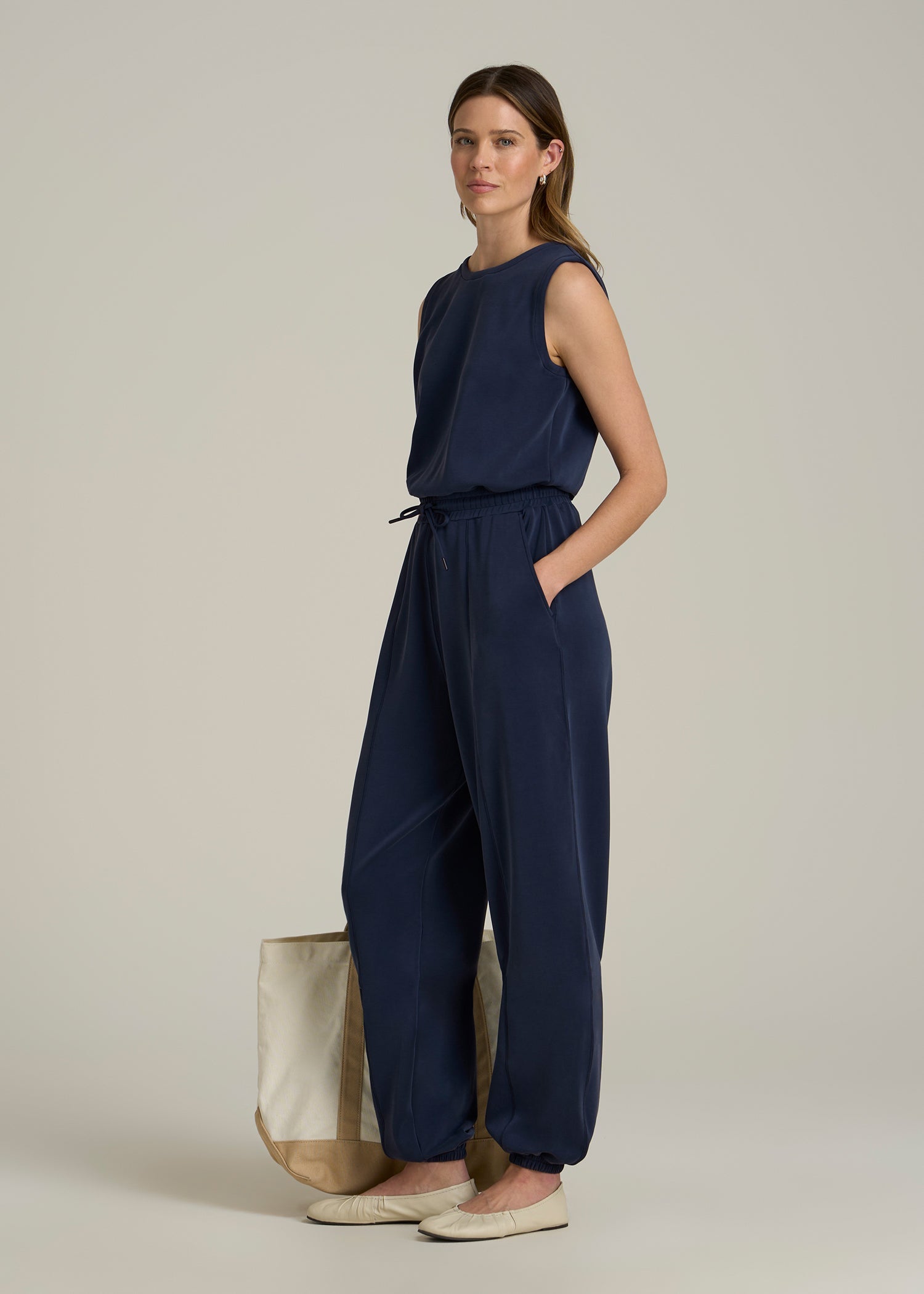Soft Motion Sleeveless Sweatpant Jumpsuit for Tall Women in Navy