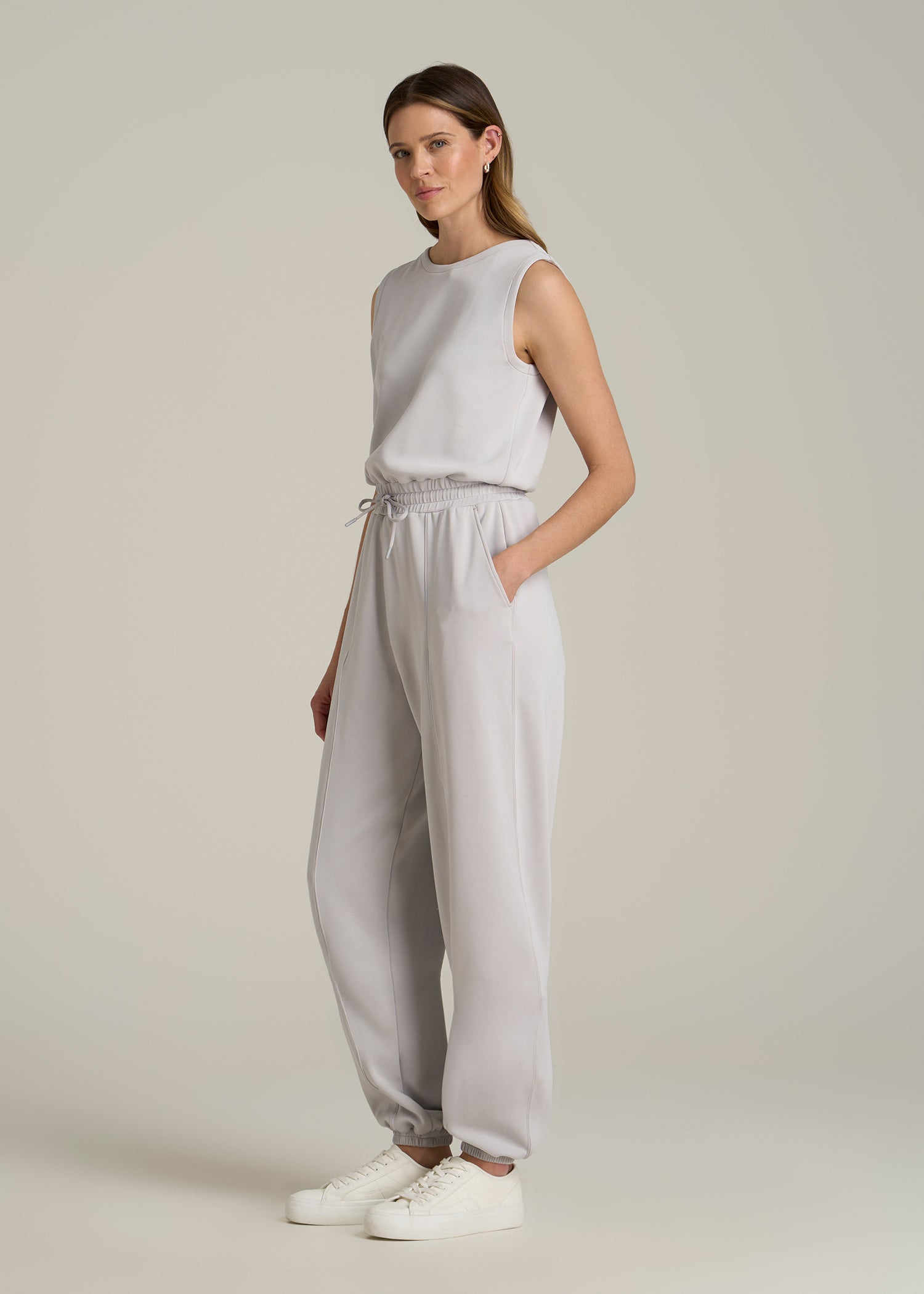 Soft Motion Sleeveless Sweatpant Jumpsuit for Tall Women in Vapor Grey