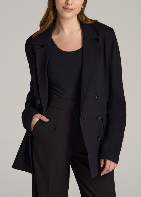 Linen Blend Tie Back Blazer For Tall Women in Black