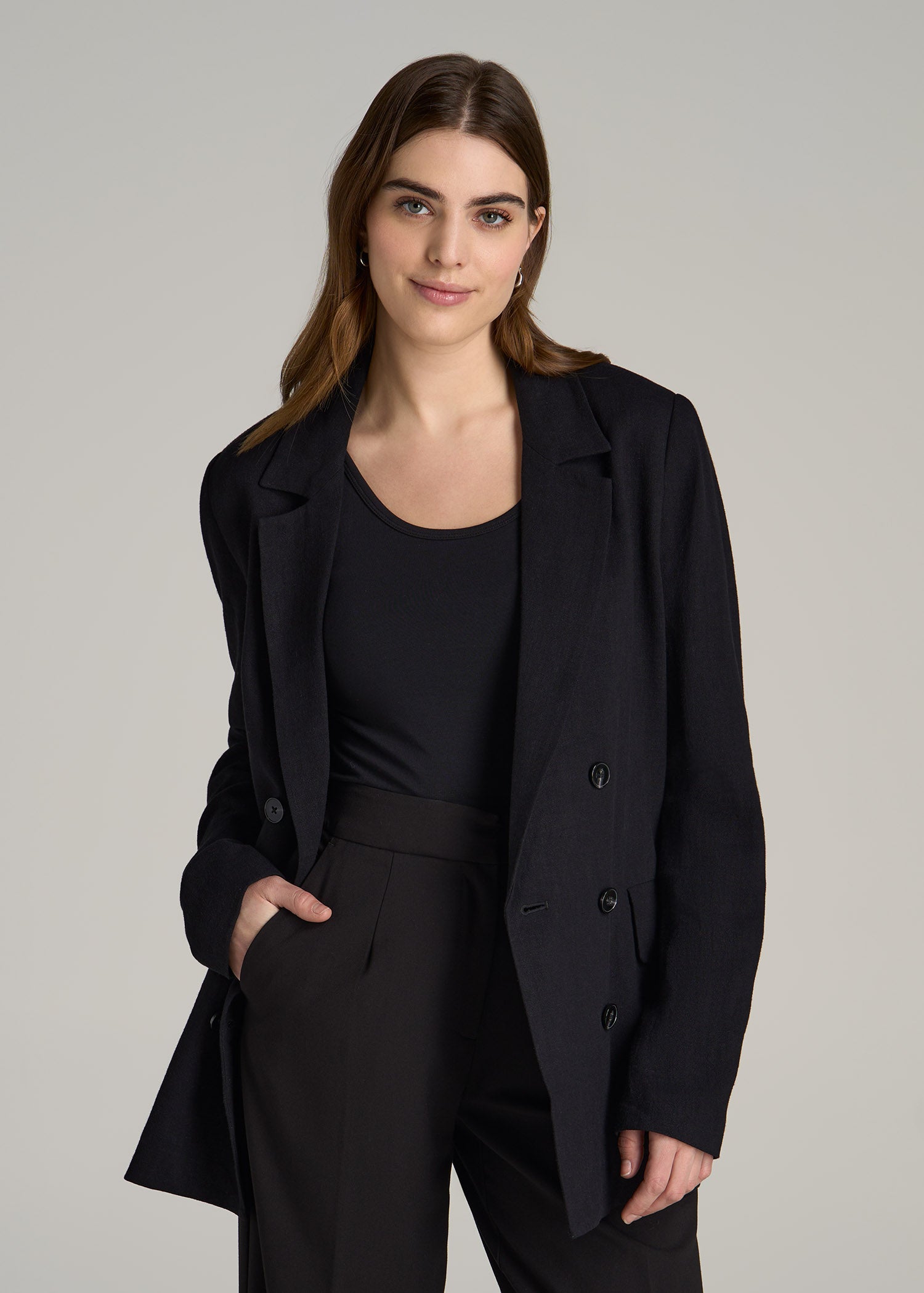 Linen Blend Tie Back Blazer For Tall Women in Black