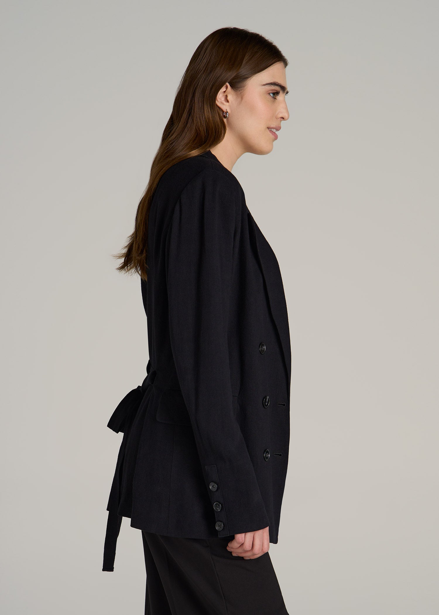 Linen Blend Tie Back Blazer For Tall Women in Black
