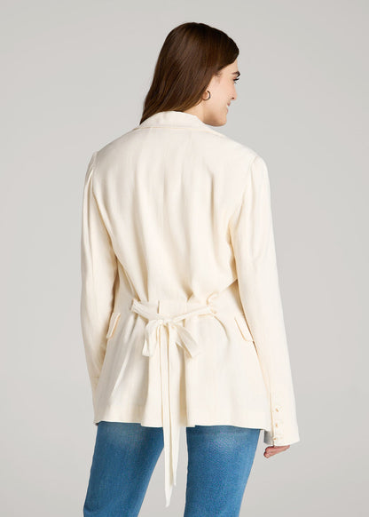 Linen Blend Tie Back Blazer For Tall Women in White Alyssum