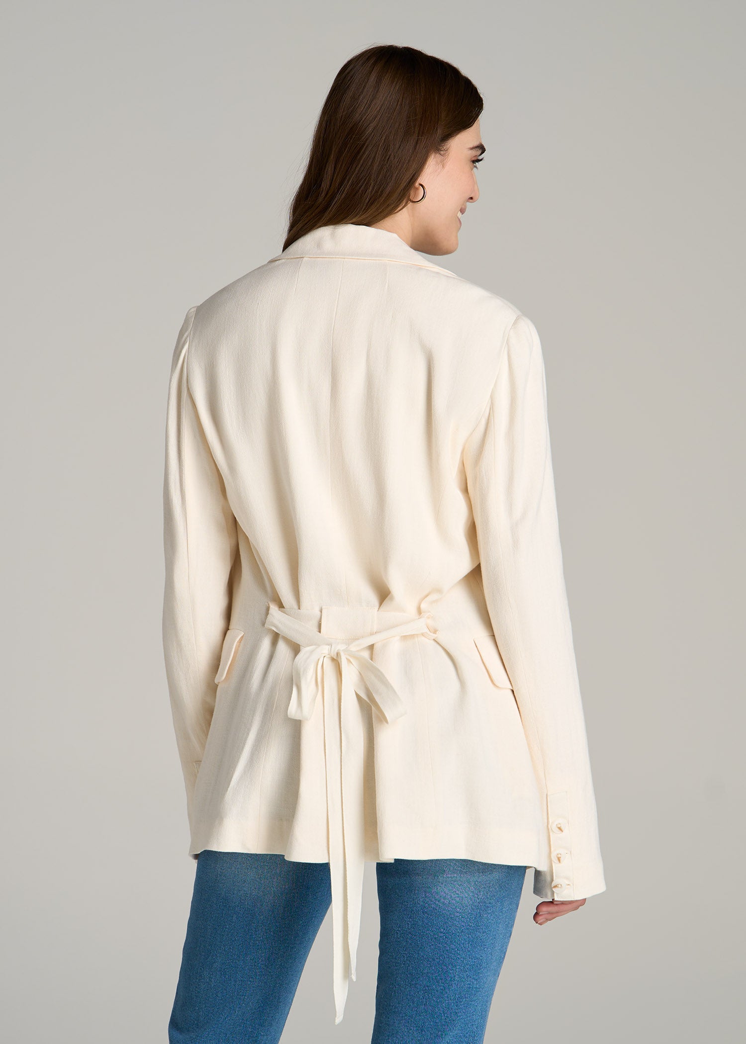 Linen Blend Tie Back Blazer For Tall Women in White Alyssum