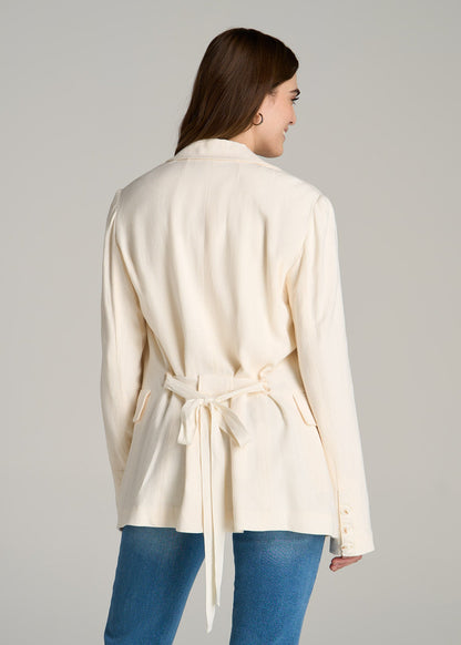 Linen Blend Tie Back Blazer For Tall Women in White Alyssum