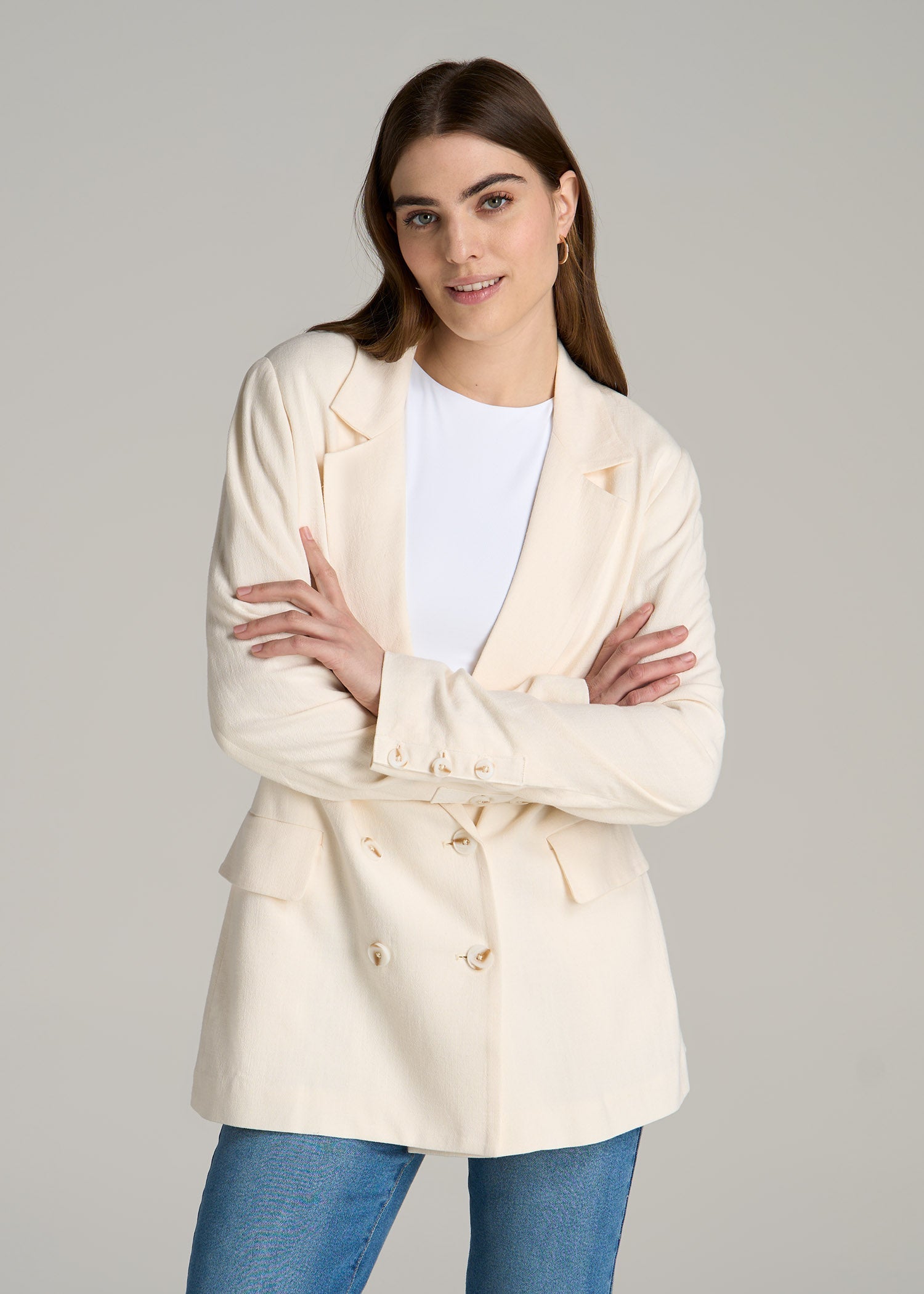 Linen Blend Tie Back Blazer For Tall Women in White Alyssum