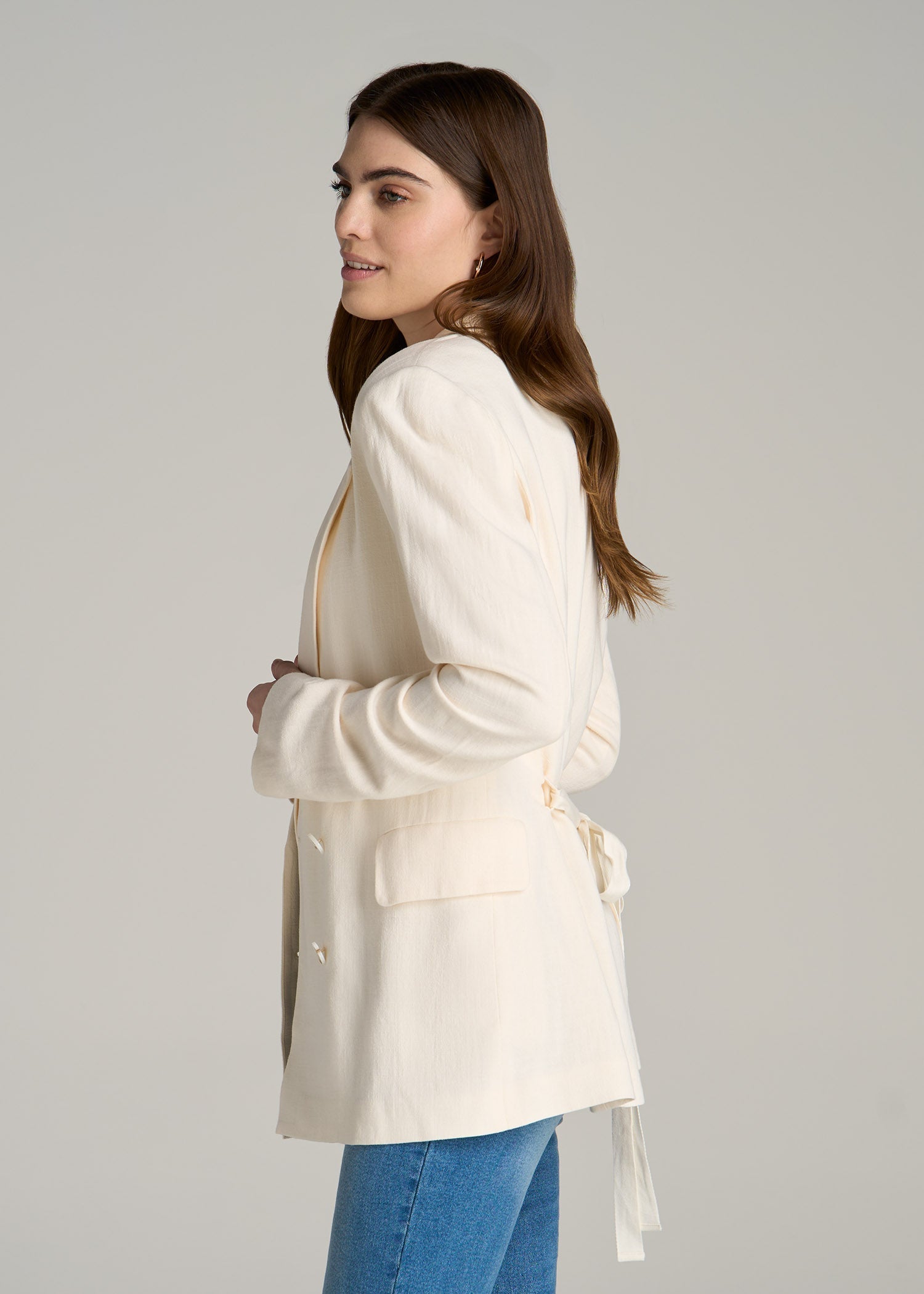 Linen Blend Tie Back Blazer For Tall Women in White Alyssum