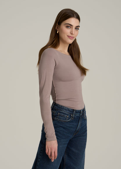 Boatneck Long Sleeve Exposed Seam Top for Tall Women in Dark Sand