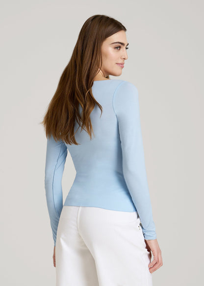 Boatneck Long Sleeve Exposed Seam Top for Tall Women in Ice Blue