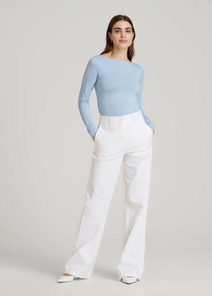 Boatneck Long Sleeve Exposed Seam Top for Tall Women in Ice Blue