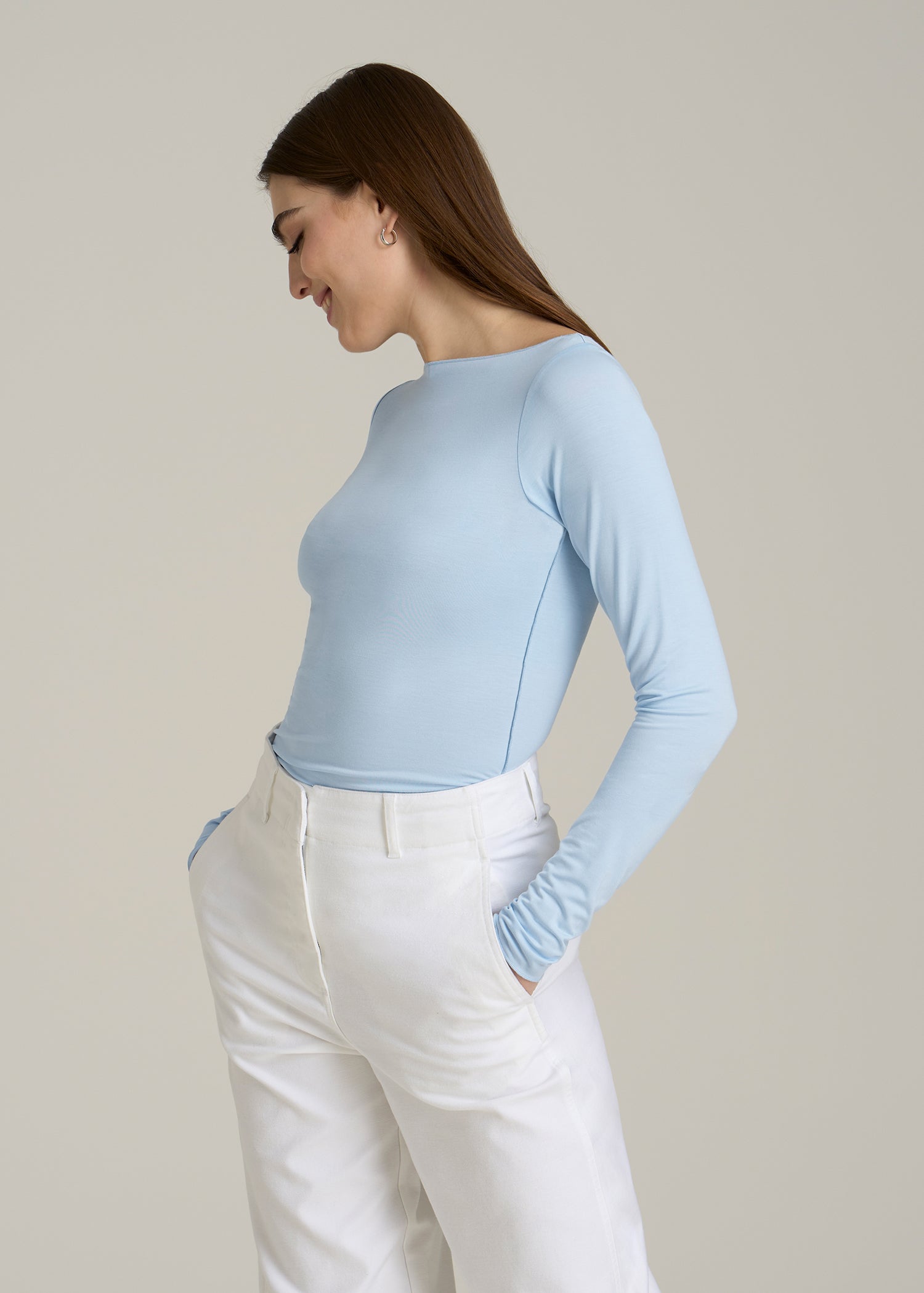 Boatneck Long Sleeve Exposed Seam Top for Tall Women in Ice Blue