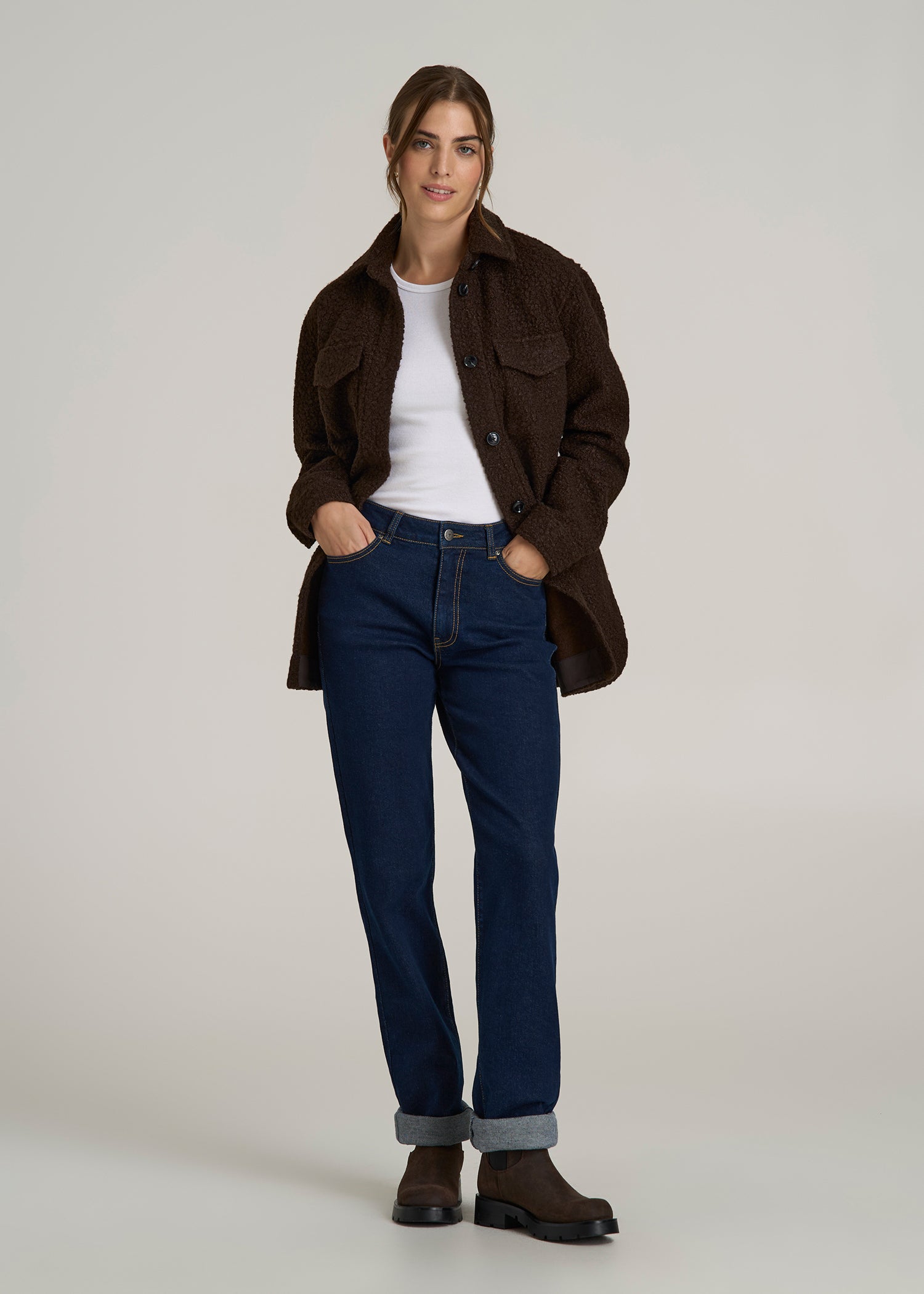 Relaxed Boucle Shacket for Tall Women in Espresso
