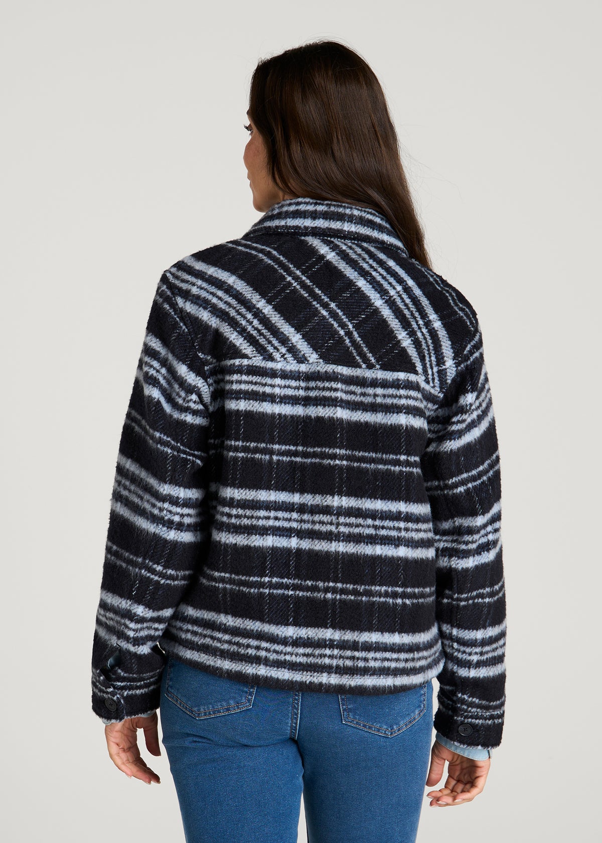 Brushed Plaid Shirt Jacket for Tall Women in Royal Navy Plaid