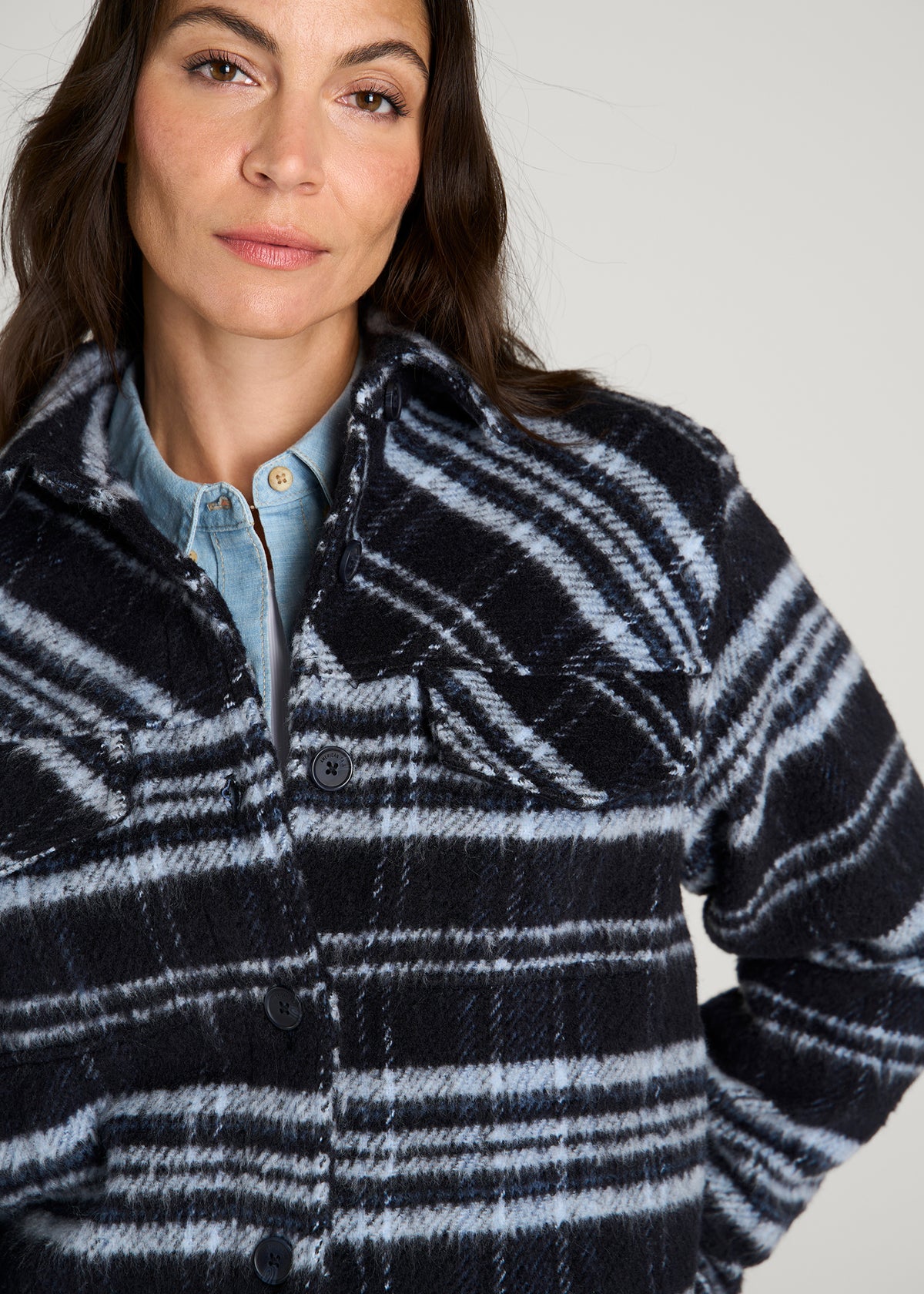 Brushed Plaid Shirt Jacket for Tall Women in Royal Navy Plaid