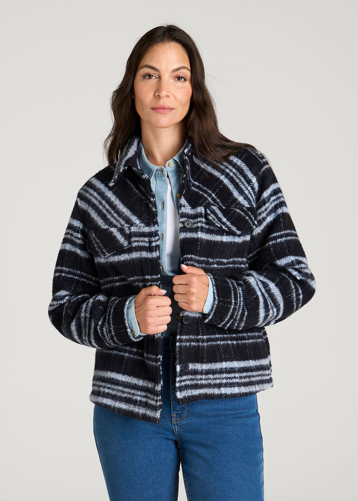 Brushed Plaid Shirt Jacket for Tall Women in Royal Navy Plaid