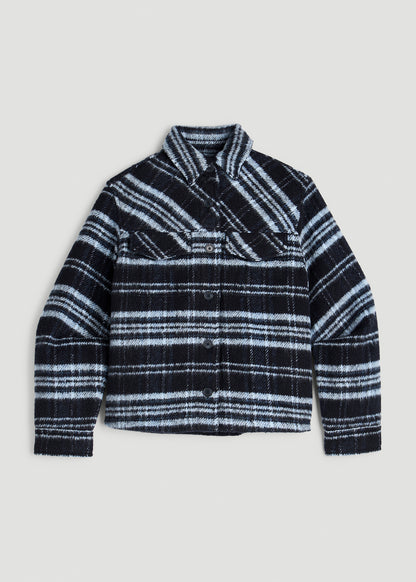 Brushed Plaid Shirt Jacket for Tall Women in Royal Navy Plaid