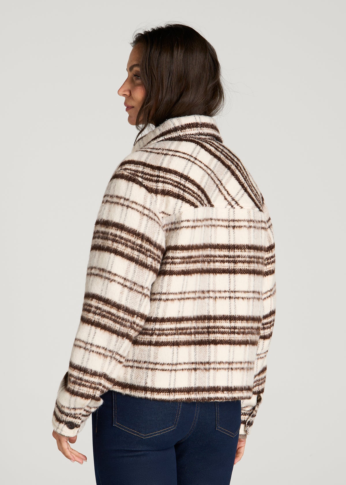 Brushed Plaid Shirt Jacket for Tall Women in White Sand Plaid