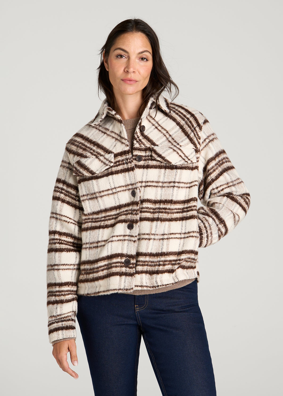Brushed Plaid Shirt Jacket for Tall Women in White Sand Plaid