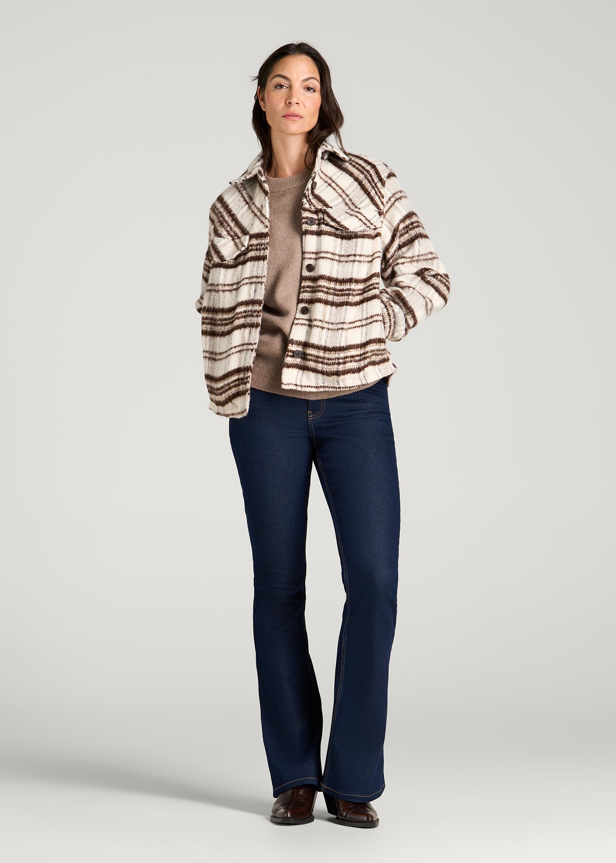 Brushed Plaid Shirt Jacket for Tall Women in White Sand Plaid