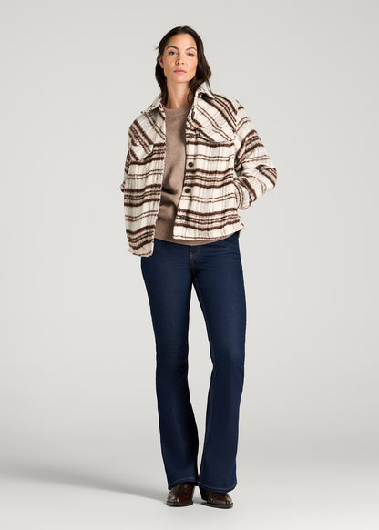Brushed Plaid Shirt Jacket for Tall Women in White Sand Plaid
