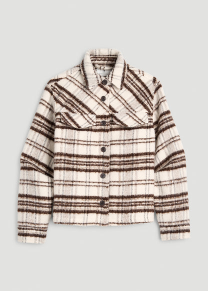 Brushed Plaid Shirt Jacket for Tall Women in White Sand Plaid