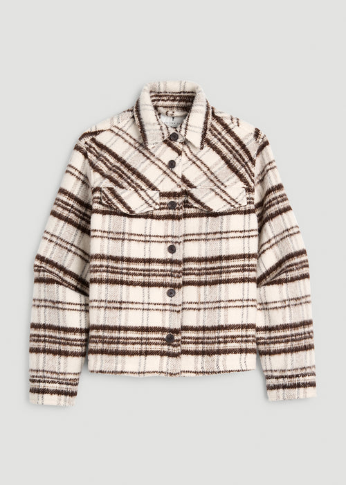 Brushed Plaid Shirt Jacket for Tall Women in White Sand Plaid