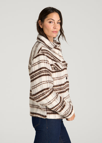 Brushed Plaid Shirt Jacket for Tall Women in White Sand Plaid