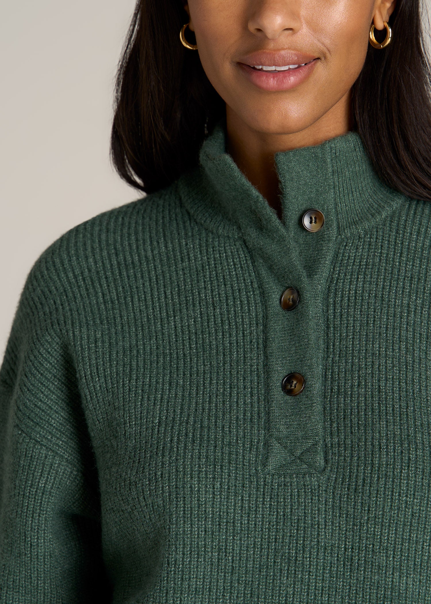 American-Tall-Women-Button-Front-Mock-Neck-Sweater-Dusty-Spruce-detail