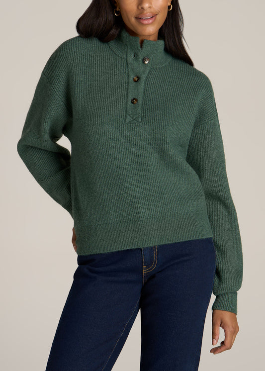 American-Tall-Women-Button-Front-Mock-Neck-Sweater-Dusty-Spruce-front