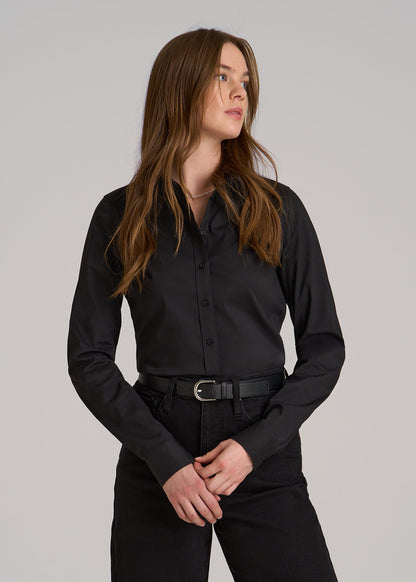 Button-Up Dress Shirt for Tall Women in Black