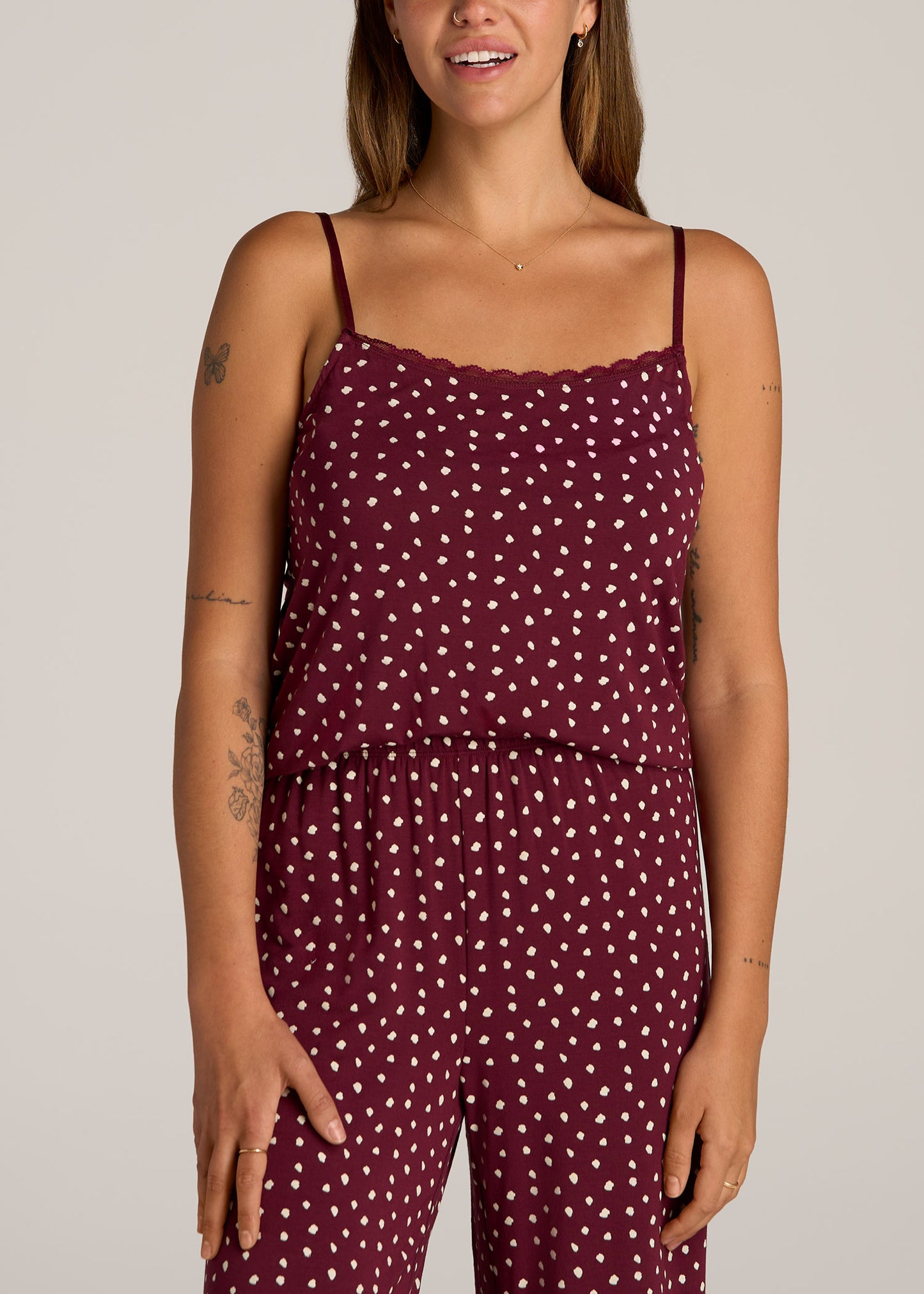 Lace Camisole Tank Top for Tall Women in Dark Cherry Cloud Print