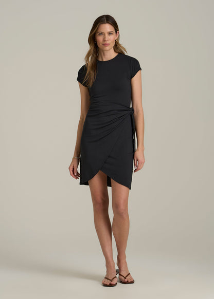 Cap Sleeve Wrap Mini Dress for Tall Women in Black