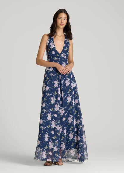 Chiffon Maxi Halter Garden Dress for Tall Women in Dark Navy Floral