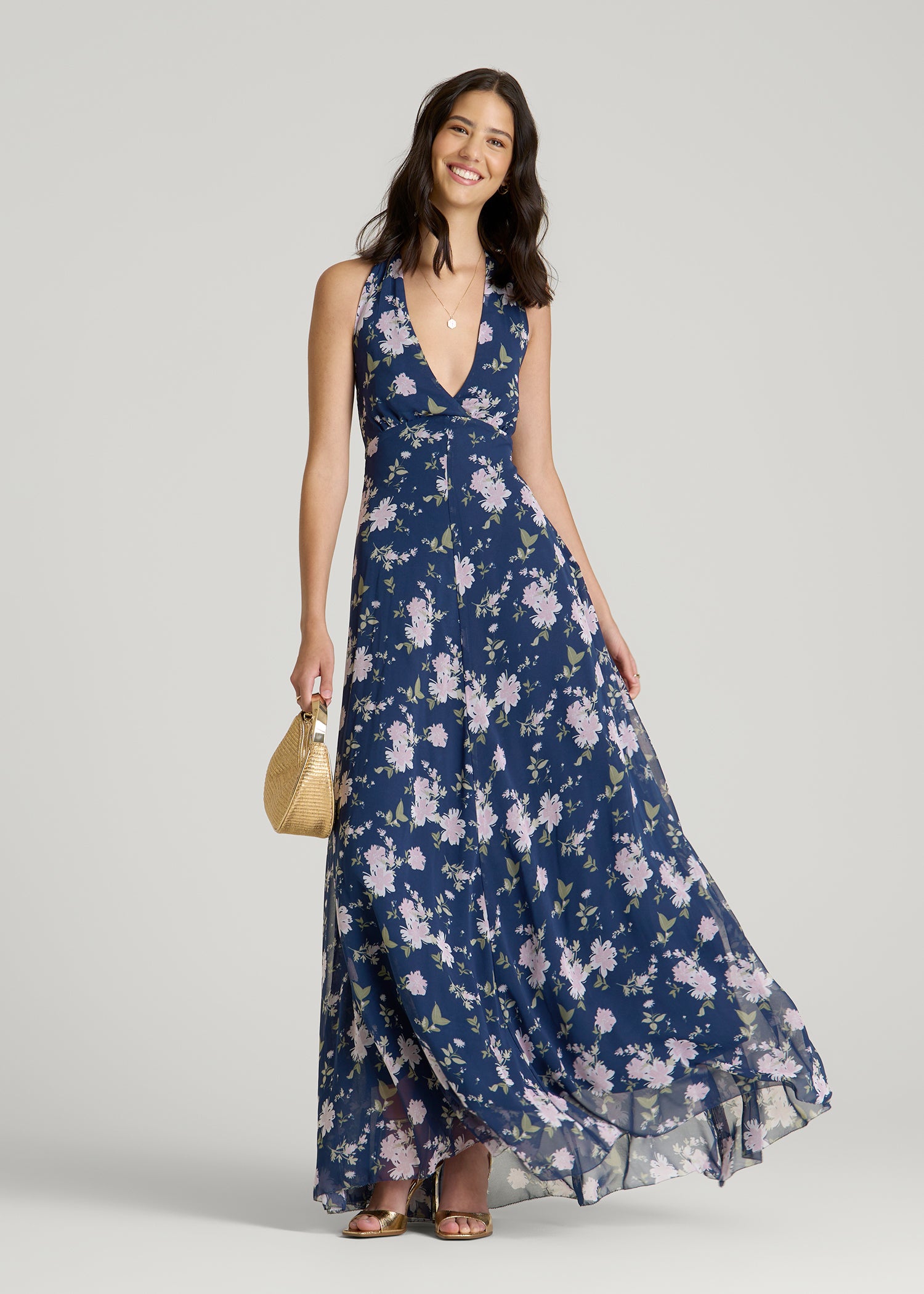 womens maxi dress tall Chiffon Maxi Halter Garden Dress for Tall Women in Dark Navy Floral