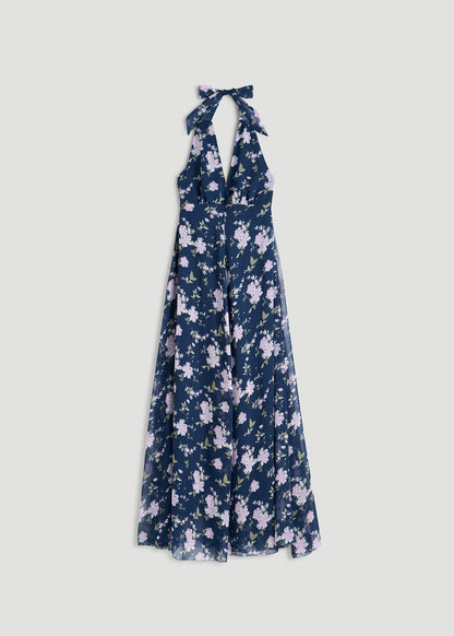 Chiffon Maxi Halter Garden Dress for Tall Women in Dark Navy Floral